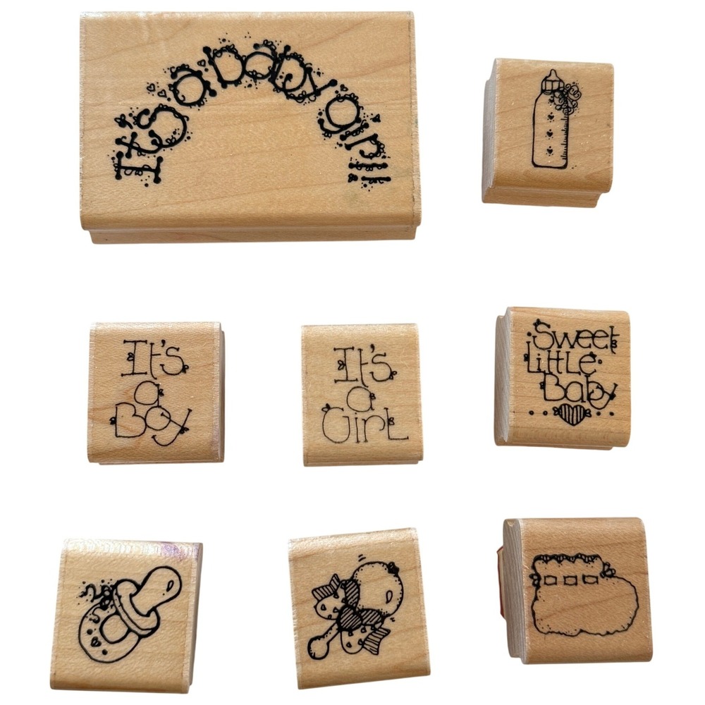 Vintage Baby Shower Wood Mounted Rubber Stamp Lot Pacifier Bottle Baby 8 Pc